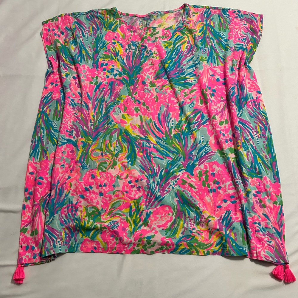 Lilly Pulitzer Fan Sea Pant Coral Pink Caftan Tunic/Cover up Dress Girls L